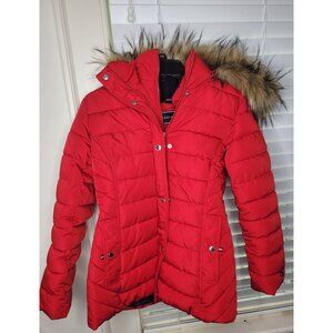 Tommy Hilfiger Womens Faux Fur Puffer Jacket Hood Removable Red PXS Snow Ski